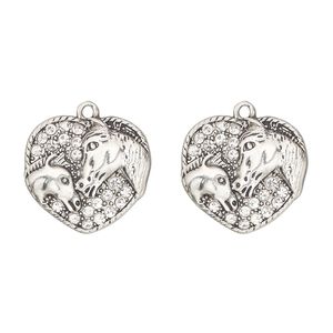 Charm, antique silver-finished "pewter" (zinc-based alloy) and glass, clear, 23x22mm single-sided heart with horses. Sold per pkg of 2.