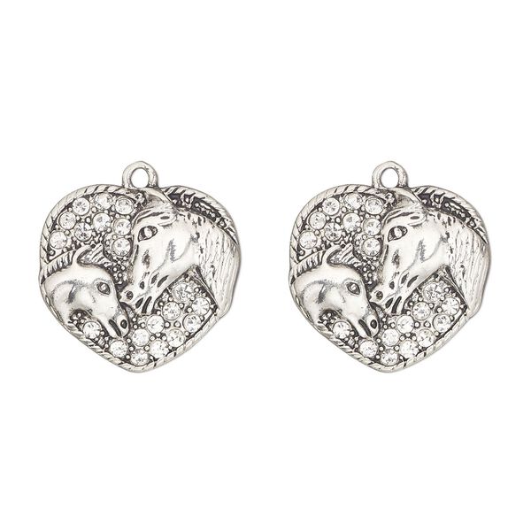 Charm, antique silver-finished "pewter" (zinc-based alloy) and glass, clear, 23x22mm single-sided heart with horses. Sold per pkg of 2. image number 0