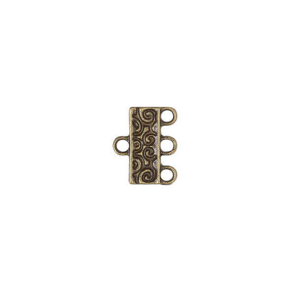 End bar, antique brass-finished "pewter" (zinc-based alloy), 12x5mm double-sided swirl design with 3 loops. Sold per pkg of 12. image number 0