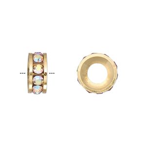 Bead, Dione®, Czech crystal and gold-finished brass, crystal AB, 12x5mm rondelle with 6mm hole. Sold per pkg of 2.
