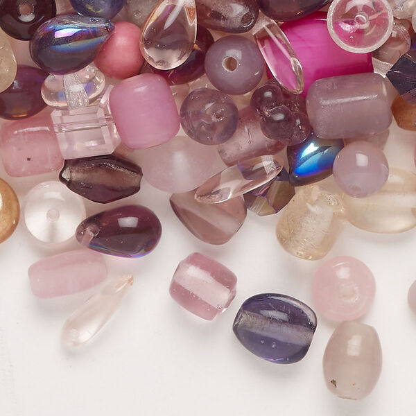 Bead mix, glass / plastic / acrylic / mother-of-pearl shell (dyed), opaque and translucent multi-pink and multi-purple, 7x4mm-12x6mm mixed shapes. Sold per 100-gram pkg, approximately 500 beads. image number 0