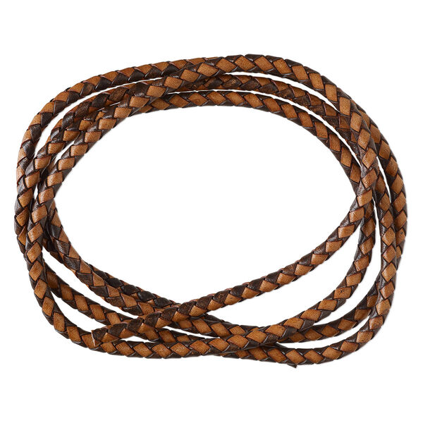 Cord, leather (dyed), pkg/5 feet, 6mm bolo cord braided round, brown and light brown. image number 0