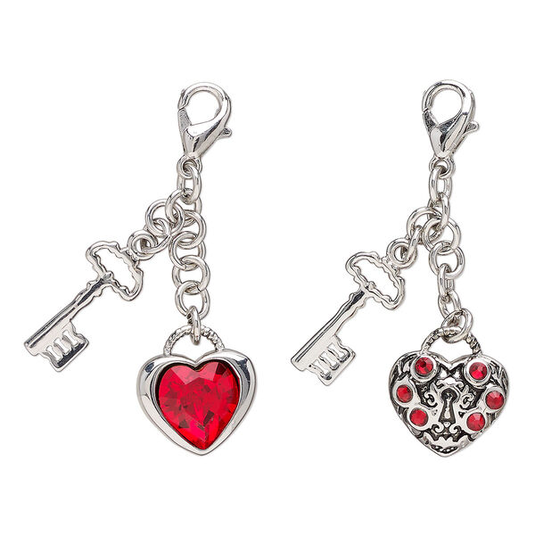 Charm steel crystal 1pk 27x12mm heart padlock and key with lobster claw clasp, silver finish red image number 0