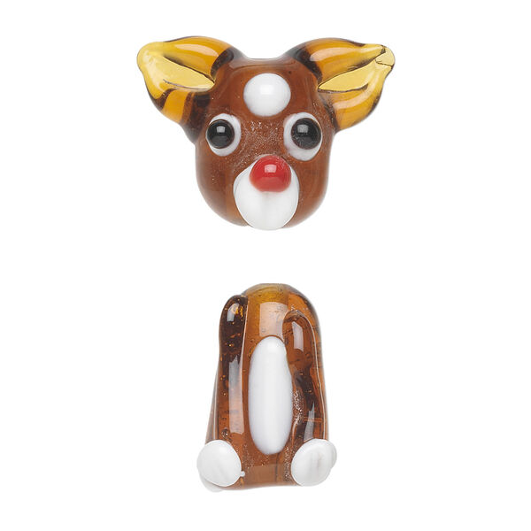 Bead, lampworked glass 1pkg2, multicolored, 23x15mm deer head and 17x12mm deer body, 2-piece set. image number 0