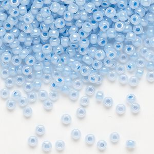 Seed bead, Miyuki, glass, pkg/250g, #8 rocaille, opaque luster sky blue (RR-523).