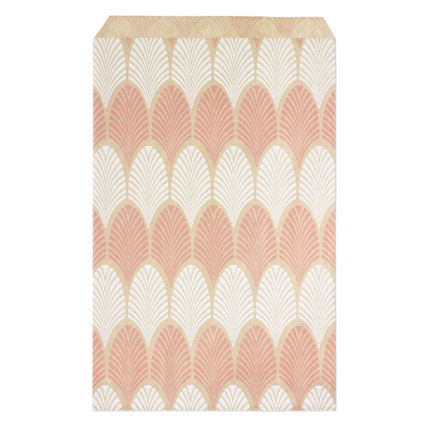 Bag, paper, brown, white and pink, 9x6 inch rectangle with leaf-print and scalloped top edge. Sold per pkg of 100. image number 0