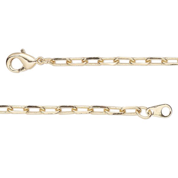 Chain, gold-finished brass, 3mm paperclip, 16 inches with lobster claw clasp. Sold individually. image number 0