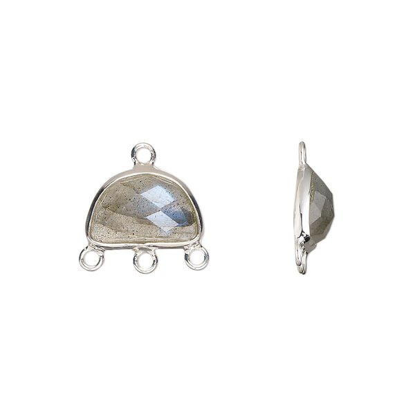 Drop, sterling silver and labradorite (natural), 13x9mm hand-cut single-sided faceted half moon with 3 closed loops, Mohs hardness 6 to 6-1/2. Sold individually. image number 0