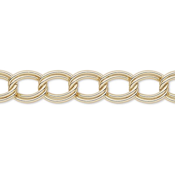 Chain, gold-finished steel, 8mm double curb. Sold per 50-foot spool. image number 0