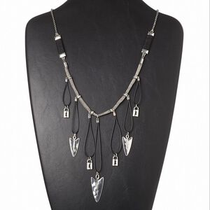 Necklace, waxed cotton cord / rayon / steel / antiqued silver-finished brass and "pewter" (zinc-based alloy), black, 4-1/2 inch dangle with arrows and locks, 26 inches with 3-inch extender chain and lobster claw clasp. Sold individually.