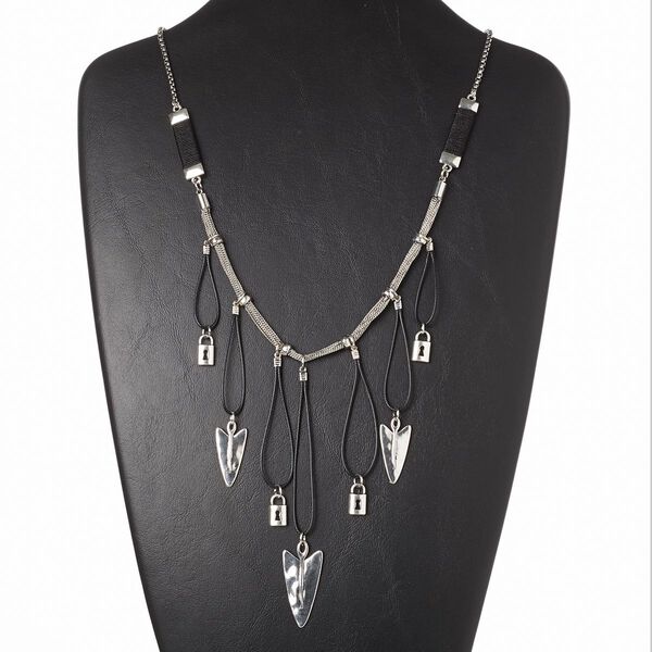 Necklace, waxed cotton cord / rayon / steel / antiqued silver-finished brass and "pewter" (zinc-based alloy), black, 4-1/2 inch dangle with arrows and locks, 26 inches with 3-inch extender chain and lobster claw clasp. Sold individually. image number 0