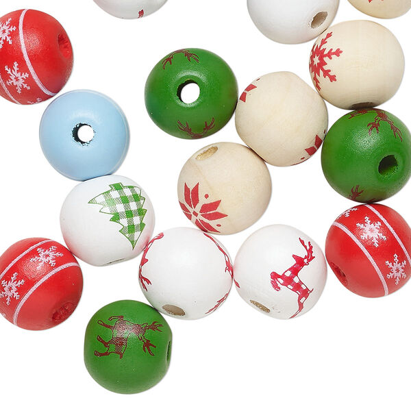 Bead mix, Korean boxwood, mixed colors, 14mm round with holiday designs. Sold per pkg of 20. image number 0