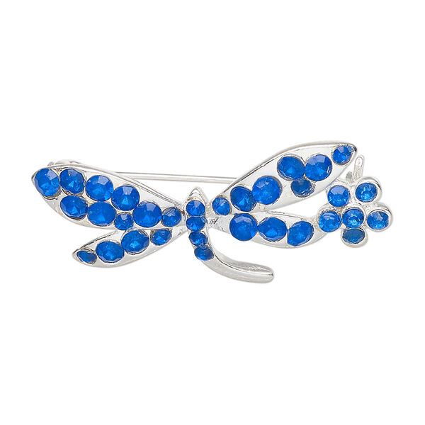 Brooch, silver-finished brass and glass, blue, 31x12mm-32x13mm dragonfly with flower. Sold individually. image number 0