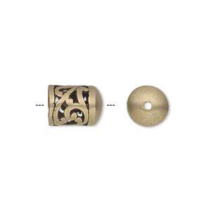 Cord end, JBB Findings, antiqued brass, 11x9mm filigree round tube, 7mm inside diameter. Sold per pkg of 2.