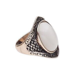 Ring, cat's eye glass and rose gold-finished "pewter" (zinc-based alloy), white, 30mm wide with oval, size 9. Sold individually.