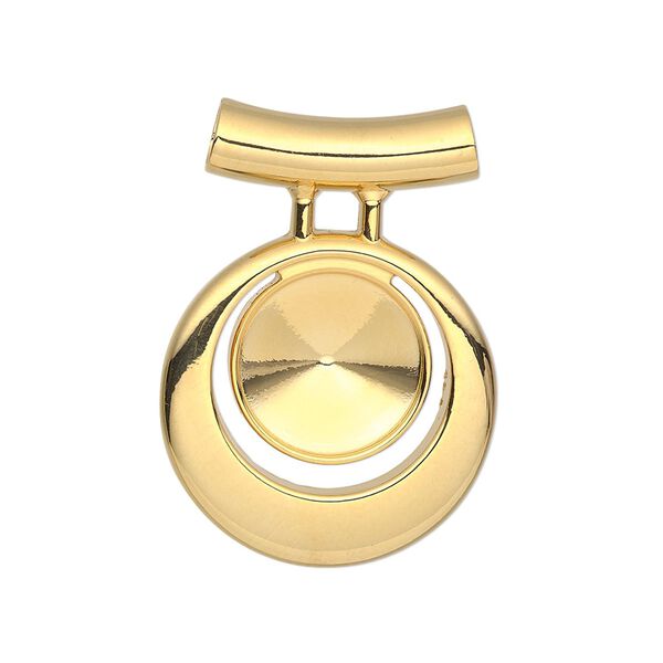 Pendant, Almost Instant Jewelry®, gold-finished "pewter" (zinc-based alloy), 31x22mm single-sided round go-go, 3.5mm hole with 12mm rivoli setting and tube bail. Sold individually. image number 0