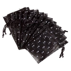 Pouch, flocked organza, black and white, 6x4 inches with dots pattern and drawstring closure. Sold per pkg of 12.