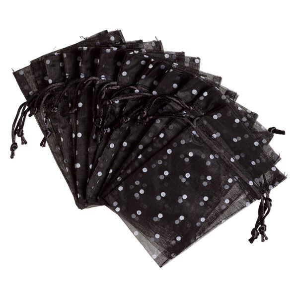 Pouch, flocked organza, black and white, 6x4 inches with dots pattern and drawstring closure. Sold per pkg of 12. image number 0