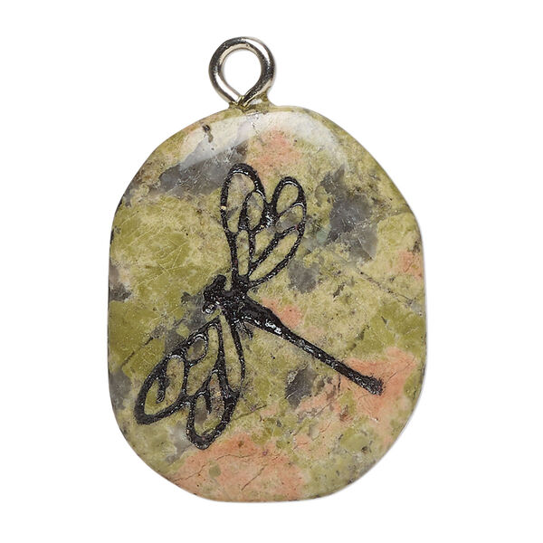 Focal 1pkg1 unakite / enamel / steel, 28x23-38x28mm single-sided freeform oval / dragonfly C+ grade, natural / opaque / silver finish image number 0