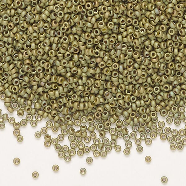 Seed bead, Miyuki, 1pkg250g, glass, #15 rocaille, opaque matte rainbow light olive (RR-2033) image number 0