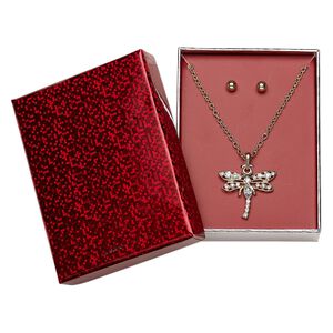 Necklace and earring set, glass with gold-finished steel and pewter (tin-based alloy), black and clear, 25x25mm dragonfly, 16 inches with 3-inch extender chain and lobster claw clasp, 5mm earrings with round and post. Sold per set.