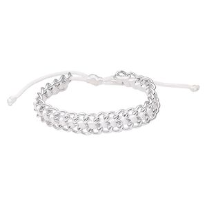 Bracelet, nylon and silver-coated plastic, white, 14mm wide, adjustable from 6-1/2 to 9-1/2 inches with wrapped knot closure. Sold individually.