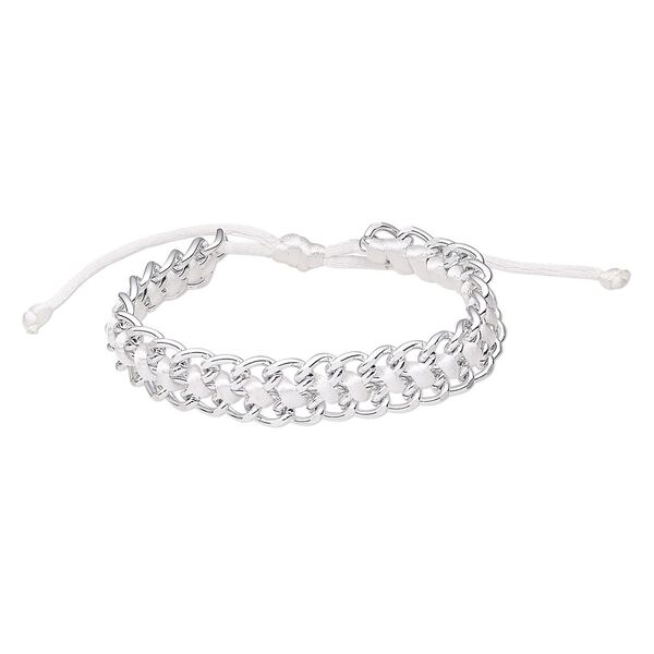 Bracelet, nylon and silver-coated plastic, white, 14mm wide, adjustable from 6-1/2 to 9-1/2 inches with wrapped knot closure. Sold individually. image number 0