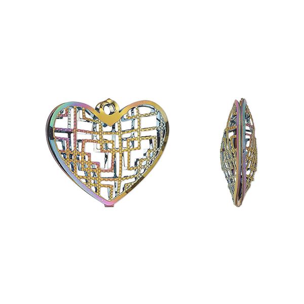 Charm, electro-coated stainless steel, rainbow, 18x15.5mm double-sided domed heart with textured cut-out geometric design. Sold per pkg of 6. image number 0