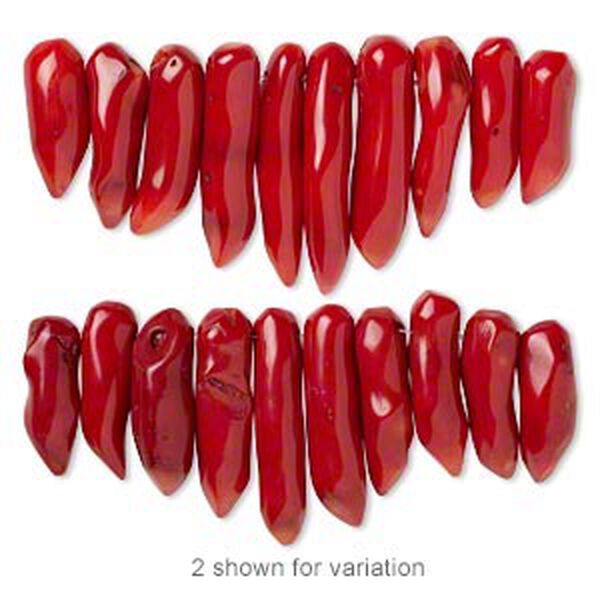 Bead, bamboo coral (dyed), red, 21x6mm-42x12mm graduated top-drilled chili pepper, B- grade, Mohs hardness 3-1/2 to 4. Sold per pkg of 10. image number 0
