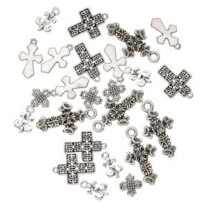 Bead and drop, antique silver-plated "pewter" (zinc-based alloy), 12x9mm-26x17mm single- and double-sided assorted cross. Sold per pkg of 25.