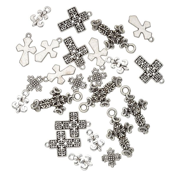 Bead and drop, antique silver-plated "pewter" (zinc-based alloy), 12x9mm-26x17mm single- and double-sided assorted cross. Sold per pkg of 25. image number 0
