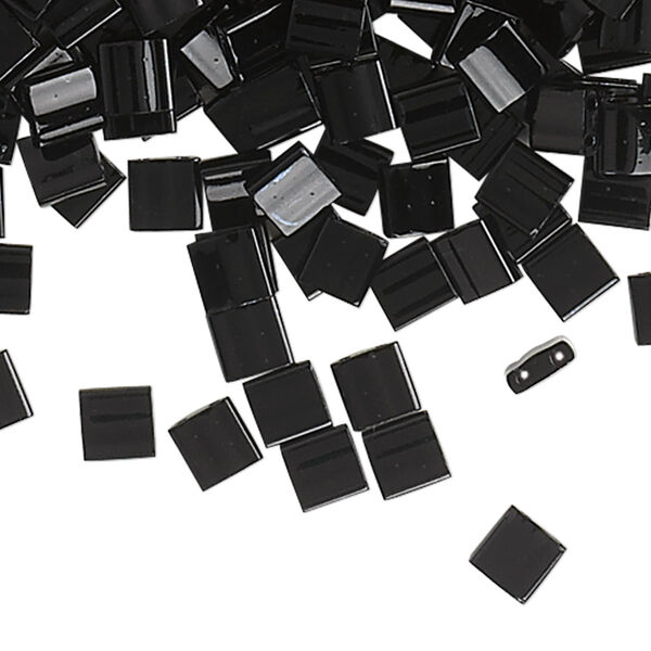 Bead, Miyuki, TILA®, glass, opaque black, (TL401), 5mm square with (2) 0.8mm holes, fits up to 3mm beads. Sold per 250-gram pkg. image number 0