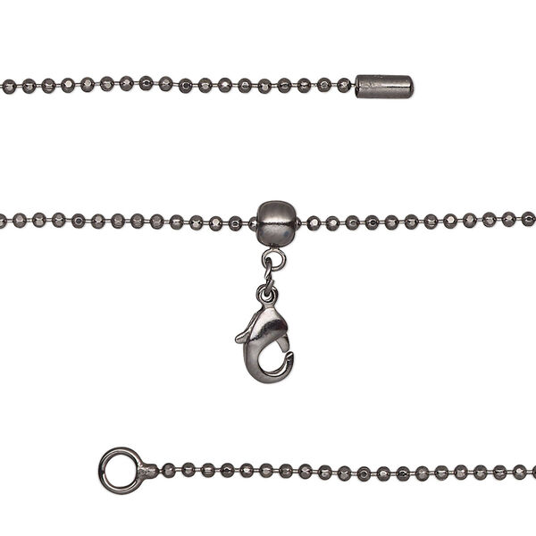 Chain, silicone and black-finished brass, 1.3mm faceted ball, adjustable from 16 to 23-1/2 inches with lobster claw clasp and adjustable slider bead. Sold individually. image number 0