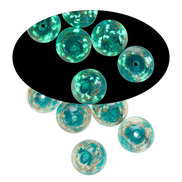 Bead, lampworked glass, clear / teal / glow-in-the-dark / gold, 12mm round. Sold per pkg of 6. image number 0