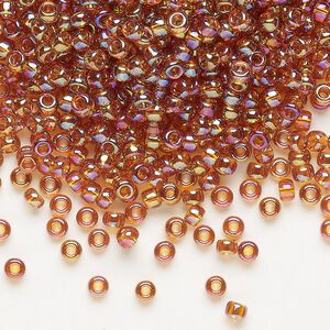 Seed bead, Miyuki, glass, pkg/50g, #8 rocaille, translucent rainbow marigold (RR-2456).