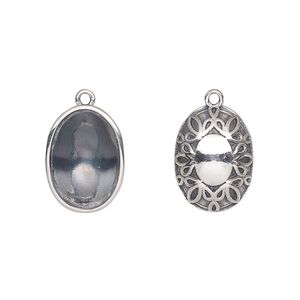 Drop, Almost Instant Jewelry®, antiqued sterling silver, 16x11.5mm oval with 14x10mm oval setting and flourish design. Sold individually.
