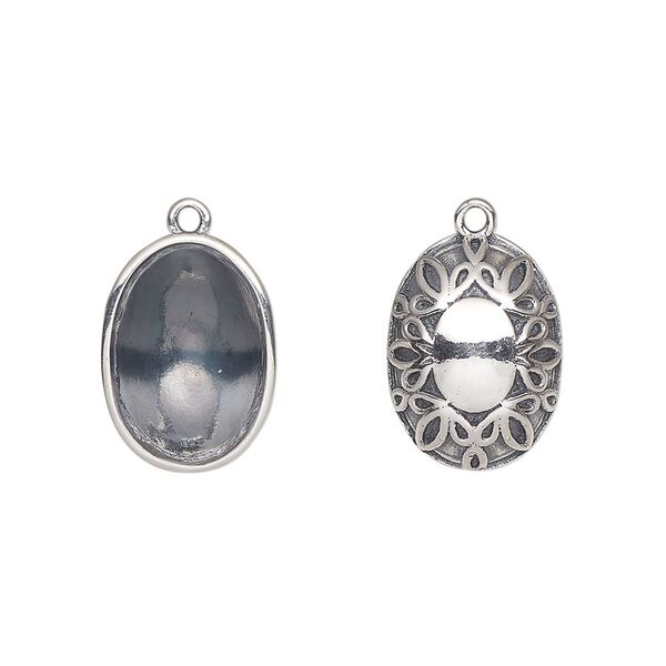 Drop, Almost Instant Jewelry®, antiqued sterling silver, 16x11.5mm oval with 14x10mm oval setting and flourish design. Sold individually. image number 0