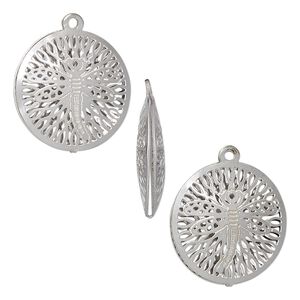 Drop, stainless steel, 18mm double-sided domed round with textured cut-out dragonfly design. Sold per pkg of 6.