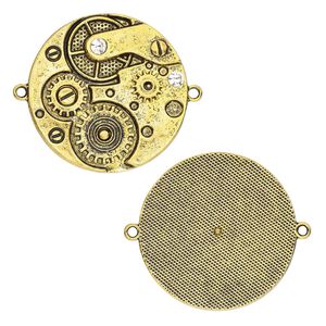 Focal, glass rhinestone and antique gold-finished "pewter" (zinc-based alloy), clear, 39.5mm single-sided clock gears with 2 loops. Sold individually.