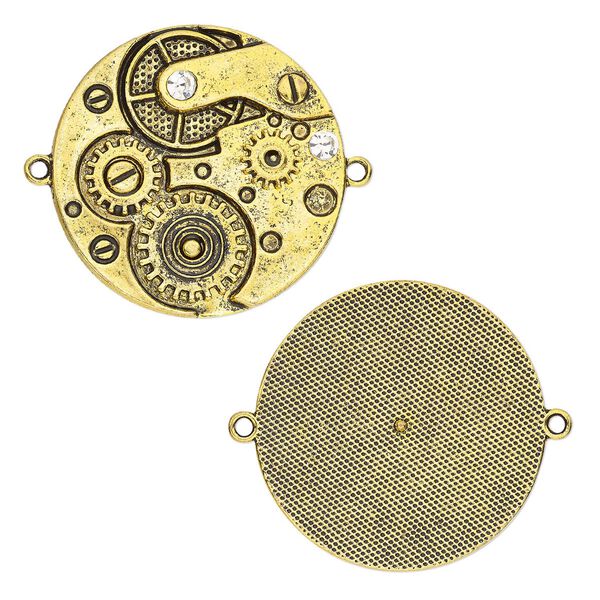 Focal, glass rhinestone and antique gold-finished "pewter" (zinc-based alloy), clear, 39.5mm single-sided clock gears with 2 loops. Sold individually. image number 0
