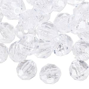 Bead, acrylic, transparent clear, 10mm faceted round. Sold per 100-gram pkg