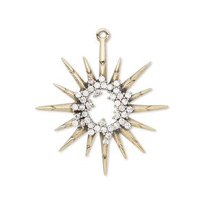 Focal, quartz crystal (natural) and antiqued brass, 30x29mm single-sided star with cutout design. Sold individually.