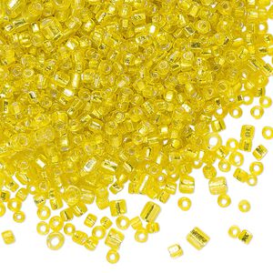 Seed bead mix, glass, pkg/100g, 11/0-6/0 round, opaque silver-lined yellow.