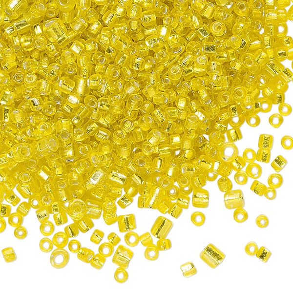 Seed bead mix, glass, pkg/100g, 11/0-6/0 round, opaque silver-lined yellow. image number 0