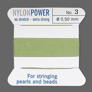 Thread, Griffin, nylon, jade green, size #3. Sold per 2-meter card (approximately 78 inches).