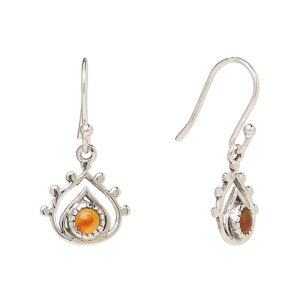 Earring, Create Compliments®, antiqued sterling silver and carnelian (dyed/heated), fishhook, 26.5mm with 13x12.5mm single-sided open teardrop, 21 gauge. Sold per pair. image number 0