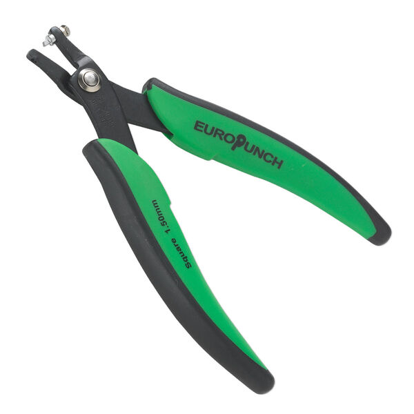 Hole punch pliers, EUROTOOL®, carbon steel and plastic, black and green, 5-3/4 inches with 1.5x1.5mm square hole. Sold individually. image number 0