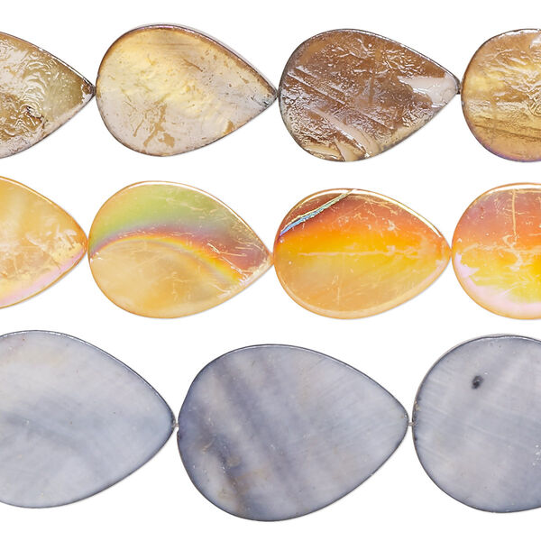 Bead mix, mother-of-pearl shell (bleached / dyed), multicolored AB, 15x11mm-22x17mm flat teardrop with 0.4-0.6mm hole, Mohs hardness 3-1/2. Sold per pkg of (3) 15-inch strands. image number 0