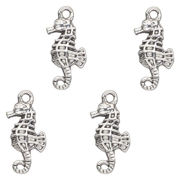 Charm, antique silver-finished "pewter" (zinc-based alloy) , 18x10mm single-sided seahorse. Sold per pkg of 4. image number 0