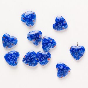 Bead, millefiori glass, pkg/10, translucent cobalt blue/red/white, 13-15mm half-drilled puffed heart.